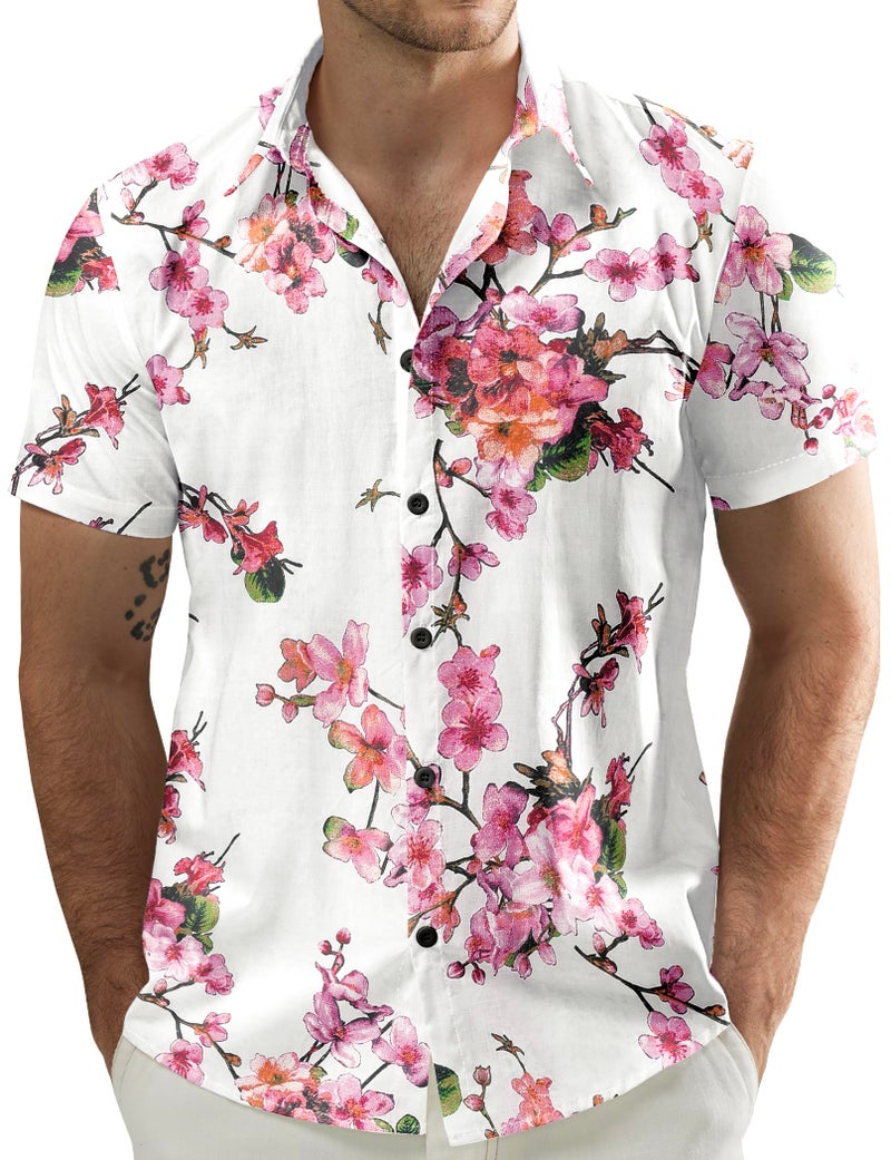 JOGAL Men's Flower Casual Button Down Short Sleeve Hawaiian Shirt White Pink Medium - Image 1